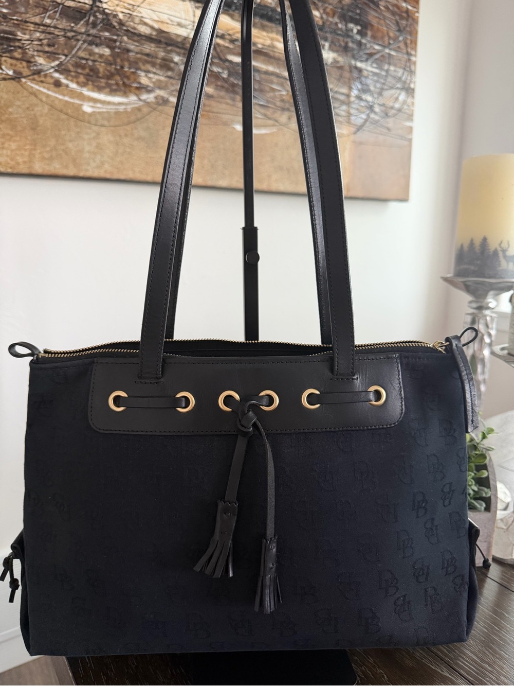 Dooney & Bourke Black Canvas Monogram Tassel Tote Bag with Gold Hardware